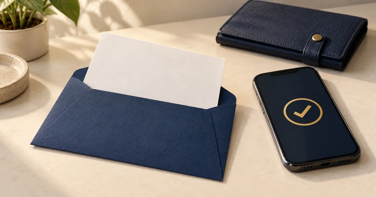 Ilustração editorial de comprovante genérico protegido em envelope e celular com confirmação, representando os caminhos físico e digital de resgate