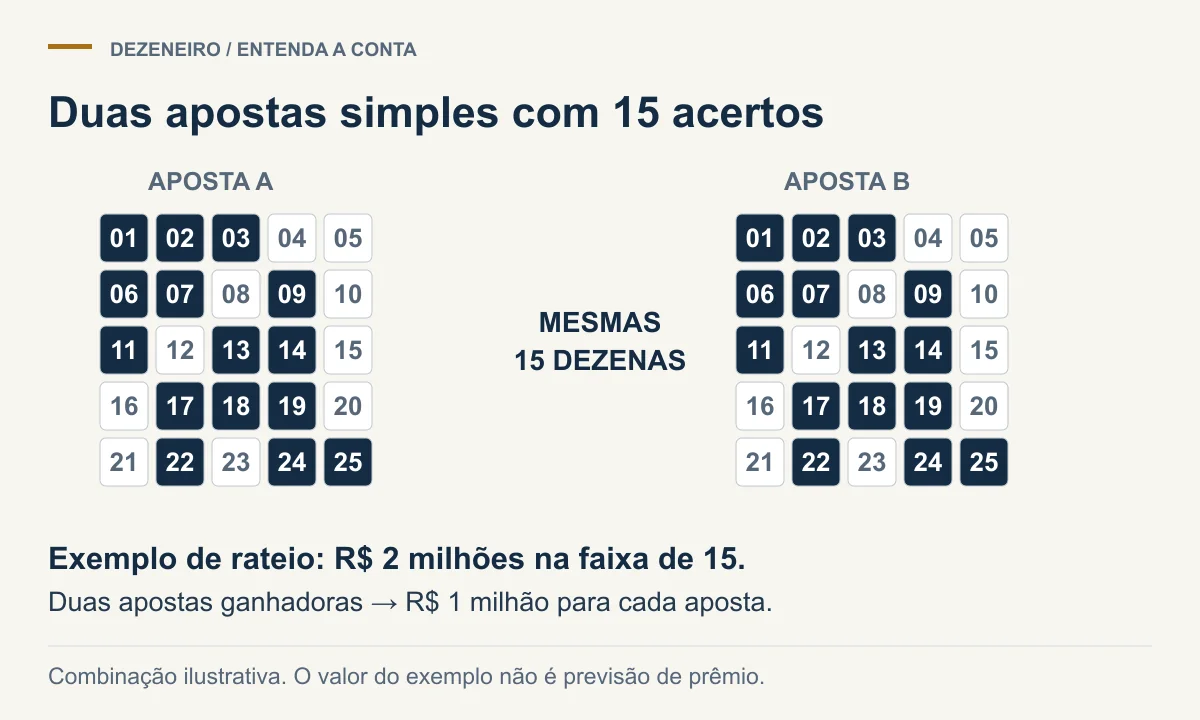 Duas apostas simples com as mesmas 15 dezenas marcadas dividem igualmente uma faixa hipotética de R$ 2 milhões