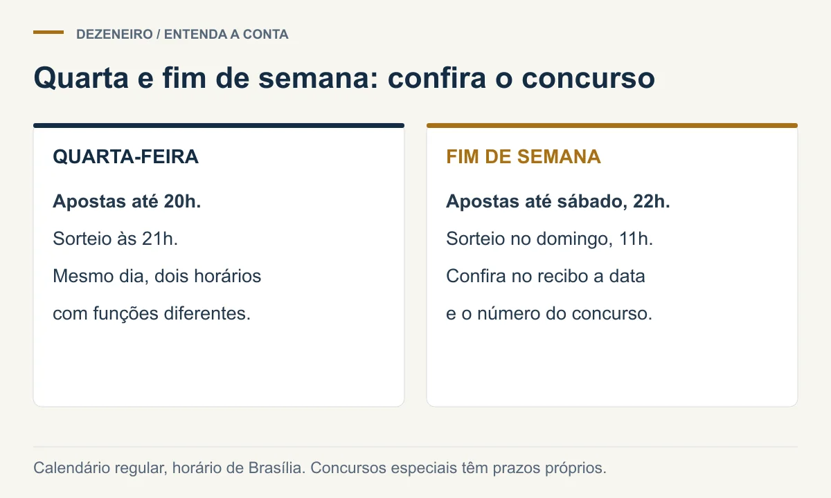 Calendário regular: quarta-feira tem sorteio às 21h; no fim de semana, apostas até sábado às 22h e sorteio domingo às 11h, horário de Brasília
